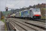Die BLS Re 186 105 und eine weitere BLS Lok ziehen bei Mülenen einen Güterzug in Richtung Löschberg.