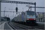 Die 186 498-2 (UIC 91 80 6186 498-2D-Rpool) und die BLS 475 417-2 (UIC 91 85 4475 417-2 CH BLSC) warten mit ihrem Güterzug in Spiez auf die baldige Weiterfahrt.