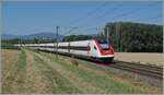 Auf demselben Streckenabschnitt wie das vorangegangenen Bild, also zwischen Essert-Pittet und Ependes, aber im Talboden, entstand dieses Bild zweier SBB RABDe 500 als IC5 auf dem Weg nach Lausanne.